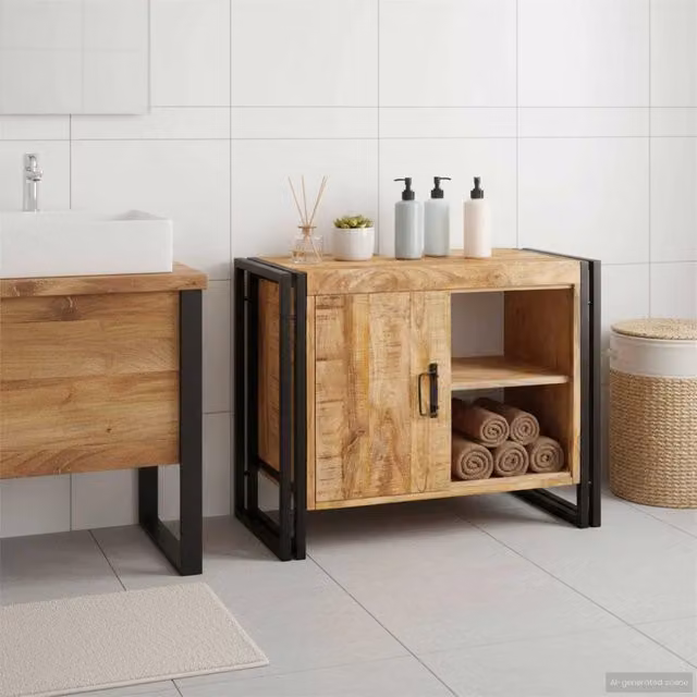 Armadio sottolavello vidaXL in legno di mango massello marrone con ante a battente e ripiani interni per bagno