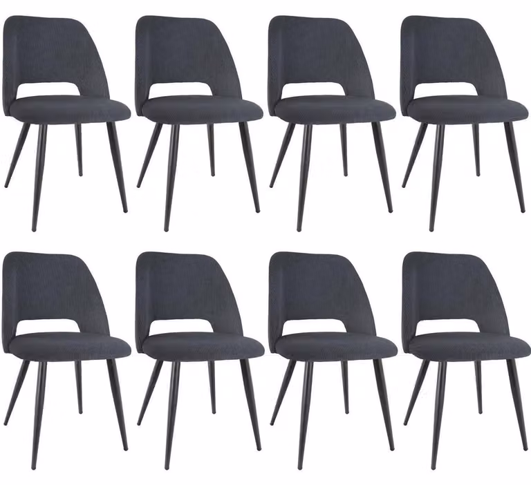 Set di 8 sedie da pranzo in tessuto cord, con gambe in metallo, colore nero