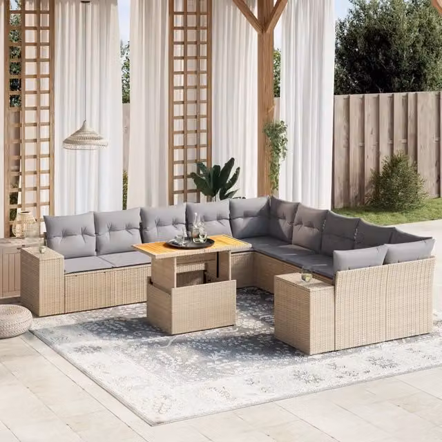 Set di divani da giardino VIDAXL in polyrattan con cuscini beige, 11 pezzi, design moderno a L
