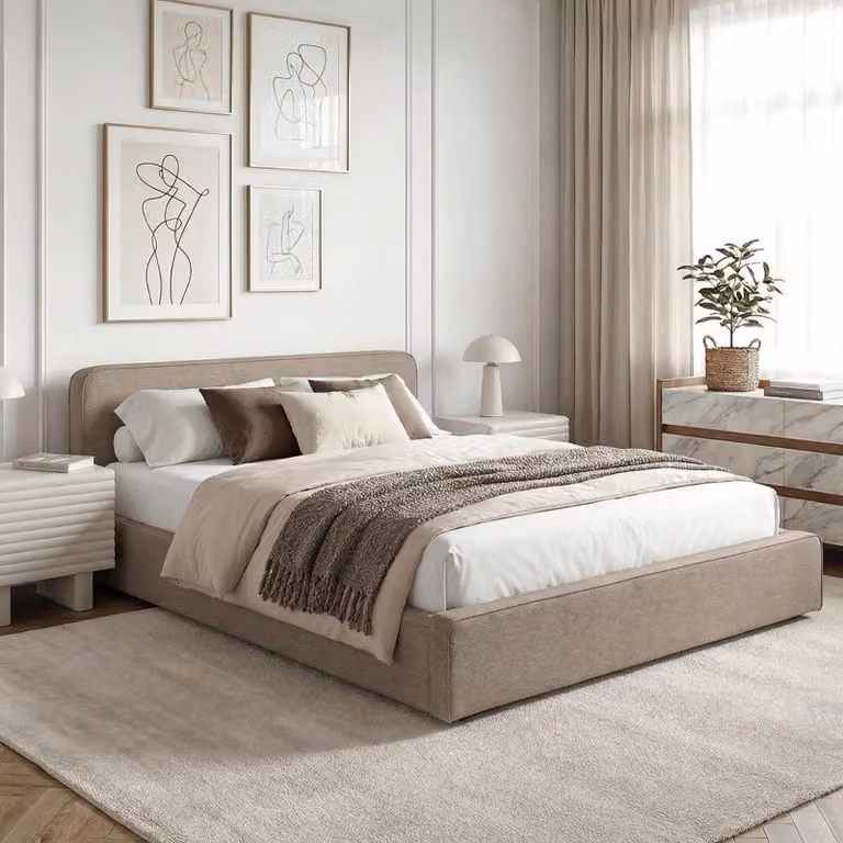 Letto imbottito MARINI, letto matrimoniale 140x200 cm in greige - Letto imbottito con rete a doghe, design moderno e solida struttura in legno con piedini in plastica