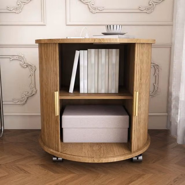 Tavolino rotondo WISHDOR in stile Mid-Century marrone con vano contenitore e ruote