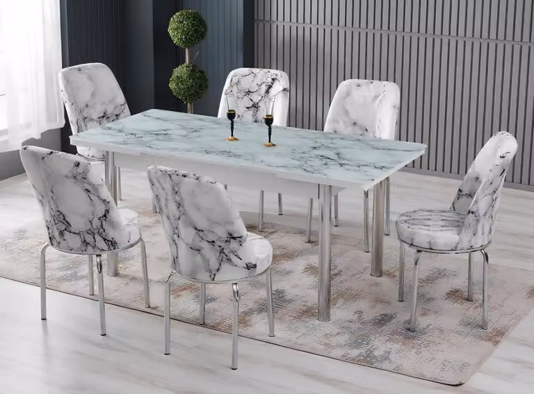 Gruppo di mobili da pranzo: tavolo, sedie, forma rettangolare, marmo, bianco, comfort, lusso, nuovo
