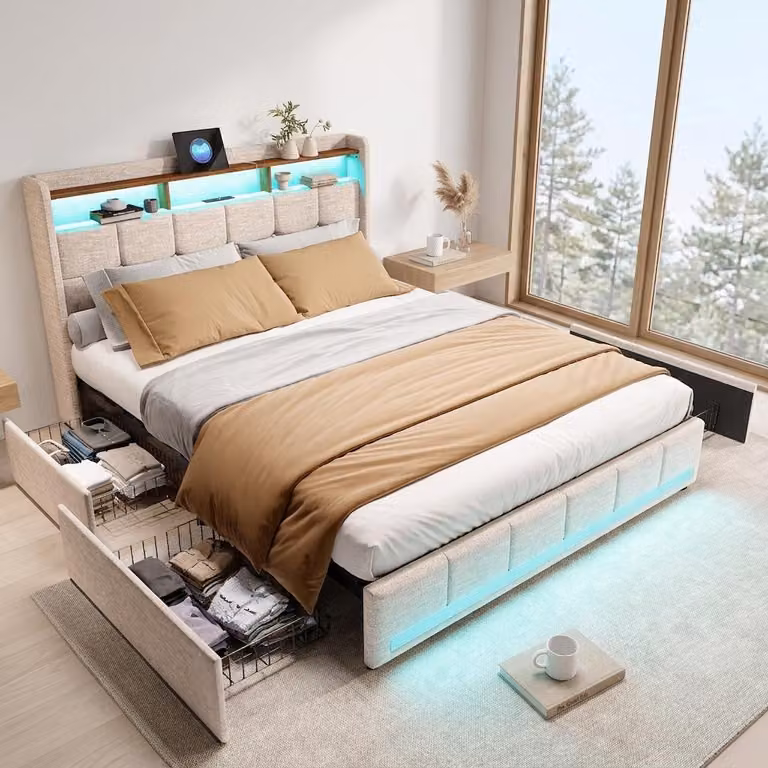 Letto imbottito INONEFT, 140x200 cm, con funzione di ricarica USB, letto per ragazzi/matrimoniale con rete a doghe e 4 cassetti, letto contenitore con LED, in lino, color beige