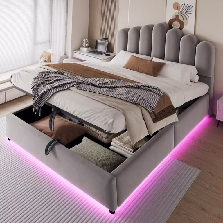 Letto imbottito Merax 140x200 cm con spazio contenitore a sollevamento idraulico, letto matrimoniale con striscia LED, testiera imbottita, rete a doghe robusta, tessuto in velluto, colore grigio