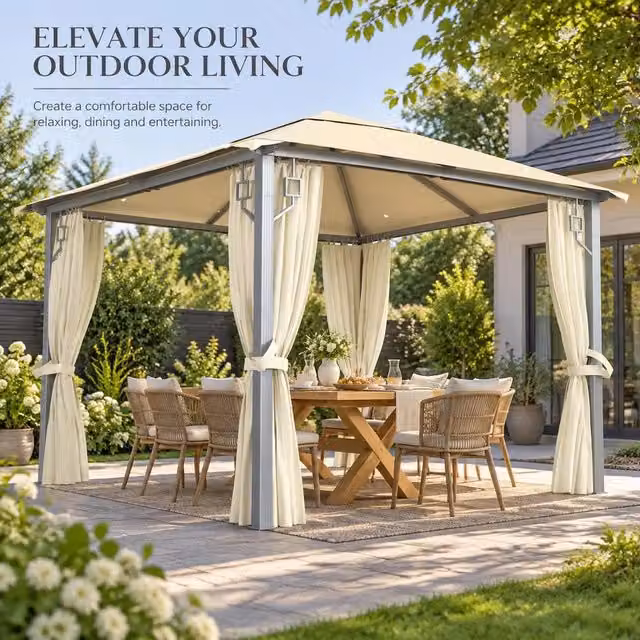 Pavilion With Curtains & LED String Lights 300x300 Cm Cream Aluminum