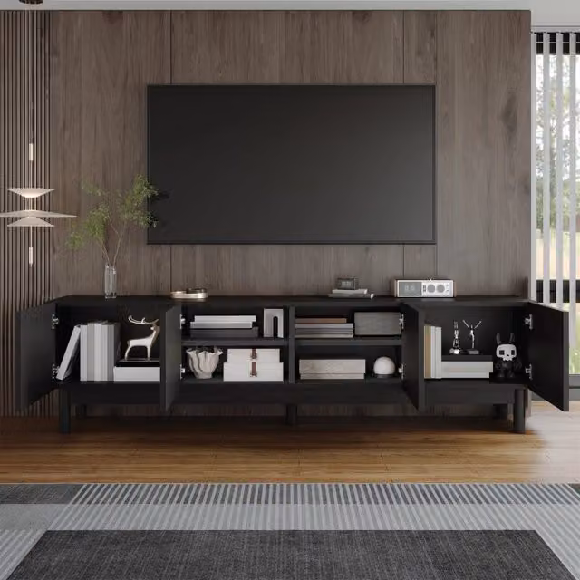 Mobile TV moderno WISHDOR nero con 4 ante e ripiani in legno e MDF L: 169,0 cm, P: 45,5 cm, H: 34,0 cm