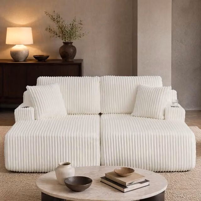 Divano letto convertibile 186x154x78 cm beige – 2 posti, tessuto a coste, tasca laterale