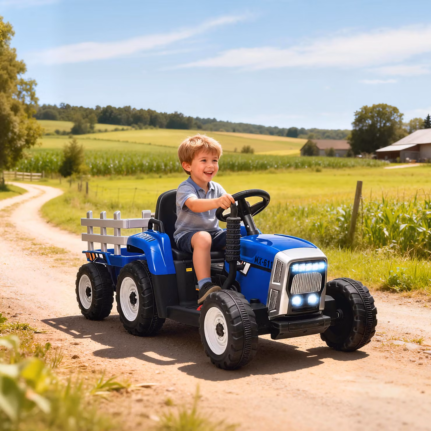 Trattore Elettrico HOMCOM per Bambini con Rimorchio Rimovibile, Telecomando, Musica e Luci, Blu – 2