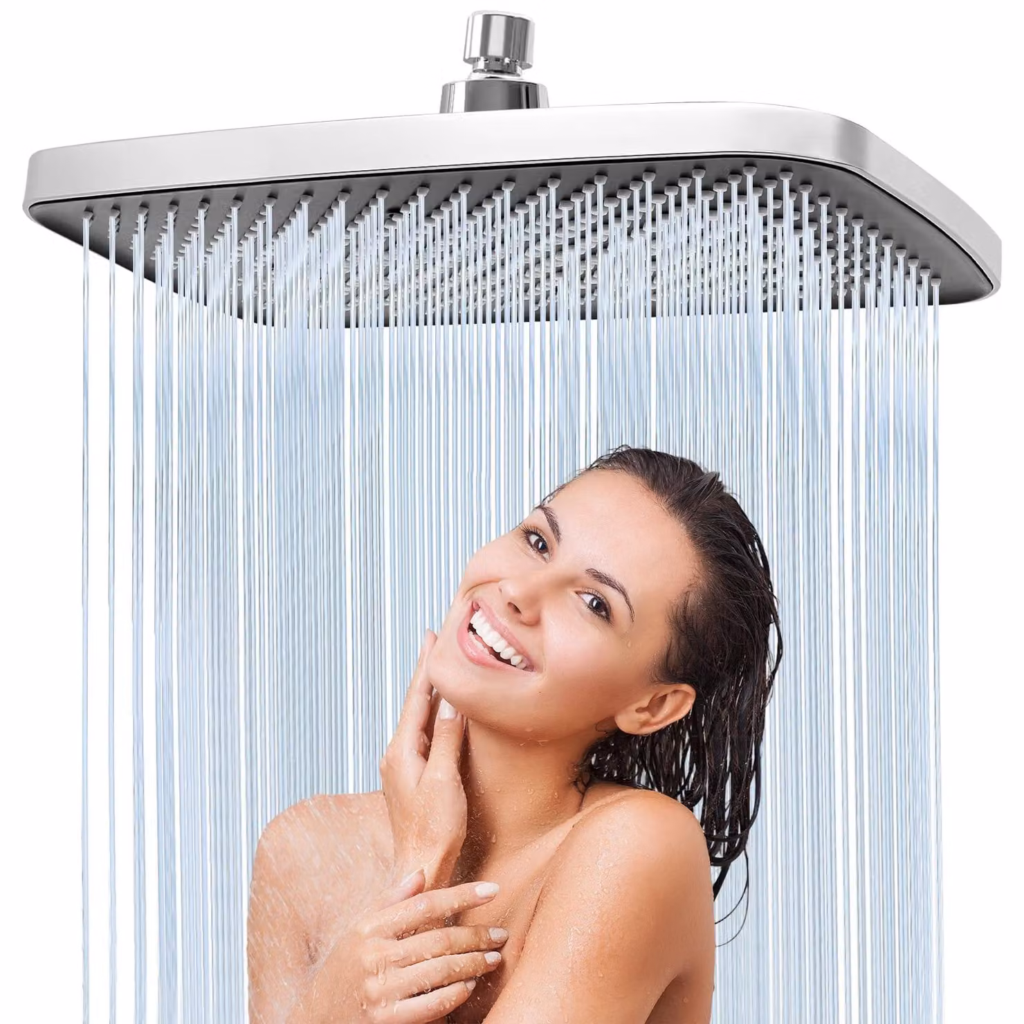 Soffione doccia - Quadrato in acciaio inox - 30 x 20 cm - Ugelli in silicone autopulenti - Montaggio a parete e a soffitto