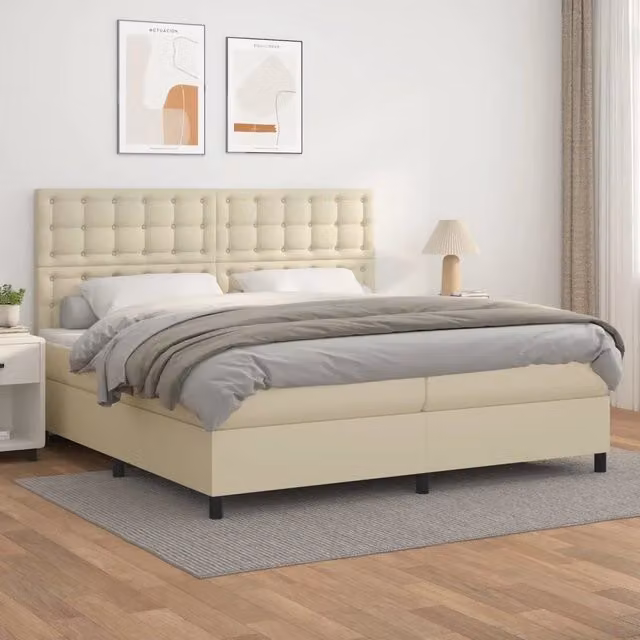 Letto a molle con materasso ibrido vidaXL in similpelle beige e bianco L: 200 cm, P: 200 cm, H: 128 cm – 1