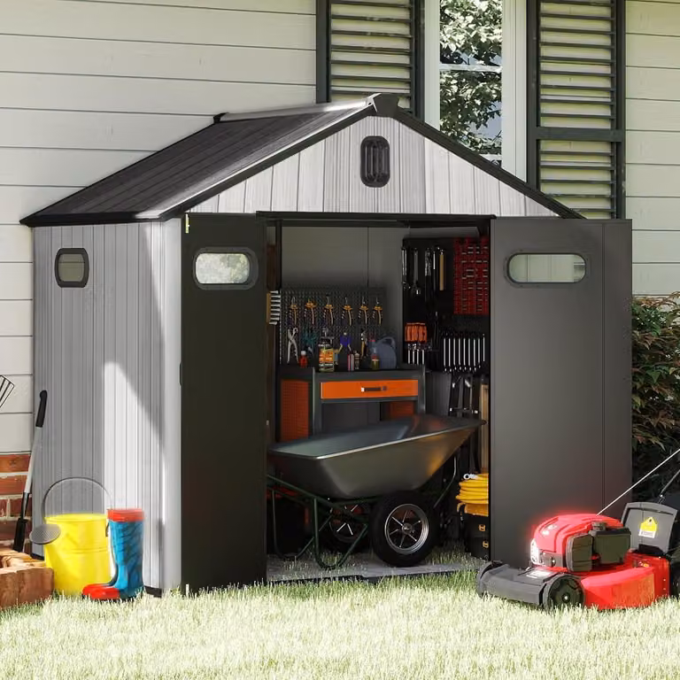 Casetta da giardino in plastica, resistente agli agenti atmosferici e ai raggi UV, a doppia parete, dimensioni 2,3 x 1,8 metri, colore grigio, con serratura e sistema di ventilazione del tetto
