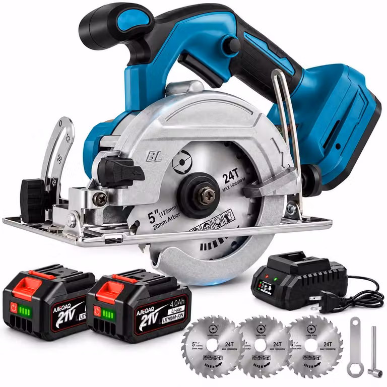 Sega Circolare a Batteria 21V 2000W Brushless, 125mm, 2×4,0Ah, 10800 giri/min, Taglio 45mm, 0–45°, 3 Lame