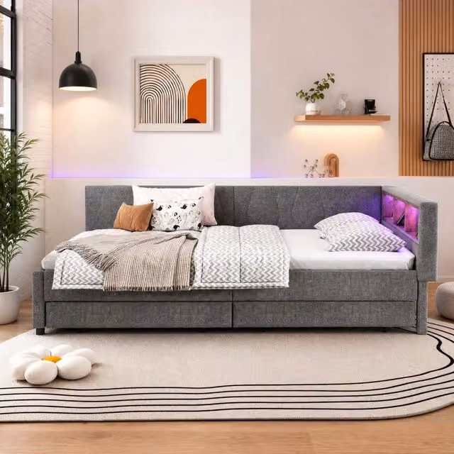 Letto matrimoniale Mivray grigio con cassetti, illuminazione LED sottostante e porte USB/Type-C, L/P/H: 140 x 200 x 70.5 cm