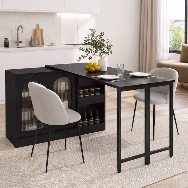 Tavolo da pranzo estensibile con piano girevole a 360° e vani contenitore, per cucina, nero, 121.5 × 40 × 76.7 cm