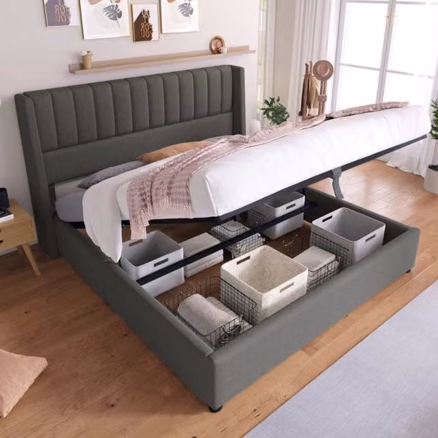 Letto contenitore matrimoniale 160 × 200 cm con sistema idraulico e testiera imbottita, senza materasso, grigio