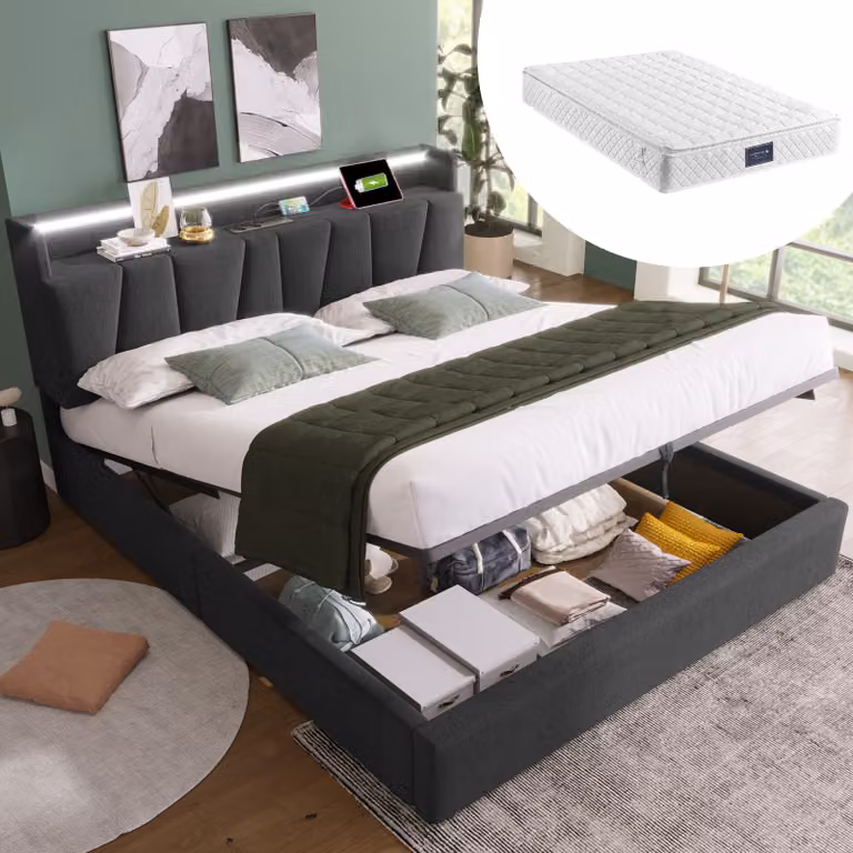 Letto matrimoniale imbottito Sweiko con testata con funzione di ricarica USB e illuminazione LED, 140x200cm, grigio (con materasso)