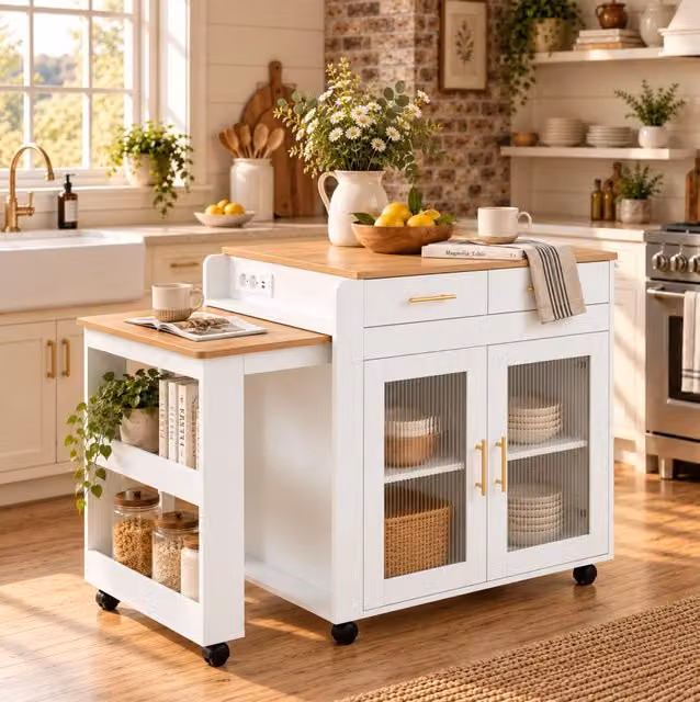 Isola cucina mobile con piano allungabile 116/177 cm; prese EU e USB; bianca