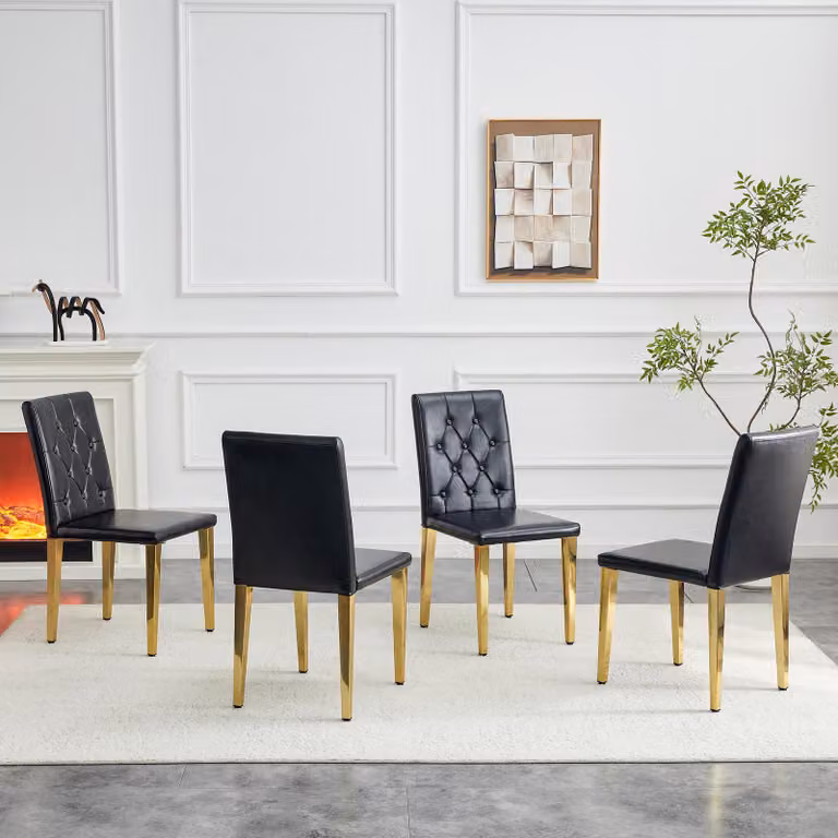 Set di 4 sedie da pranzo, finitura lucida, stile lussuoso e leggero, gambe in metallo, versatili (nero e oro)