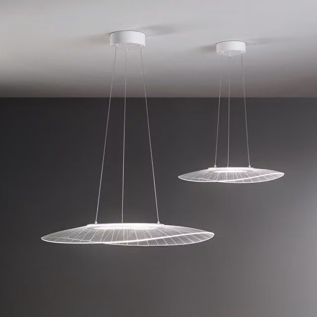 Lampada a sospensione Fabas Vela in metallo e plastica bianca e trasparente con LED 3000K dimmerabile