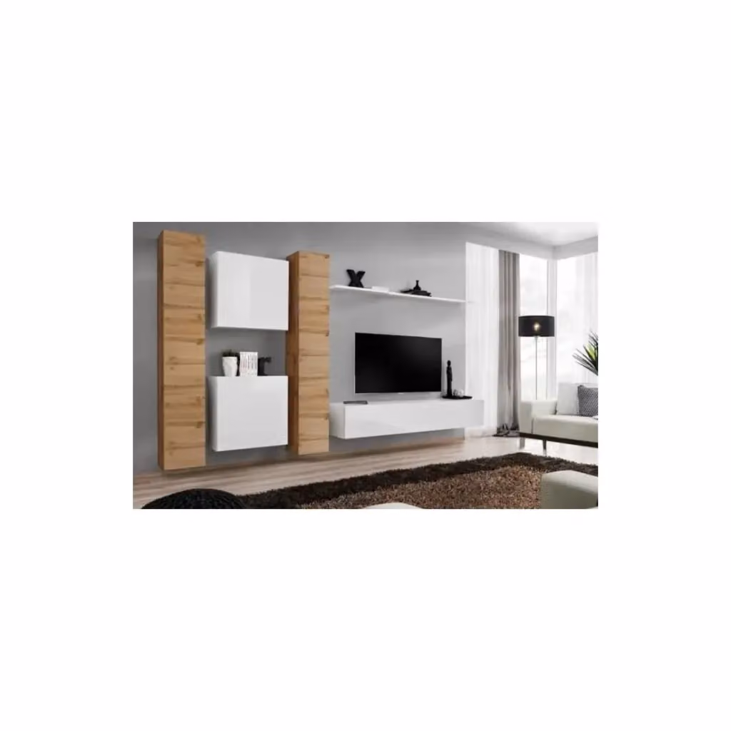 Composizione murale SWITCH VI Meublorama mobile TV sospeso bianco lucido e quercia Wotan per soggiorno L: 330 cm, H: 180 cm, P: 40 cm – 2