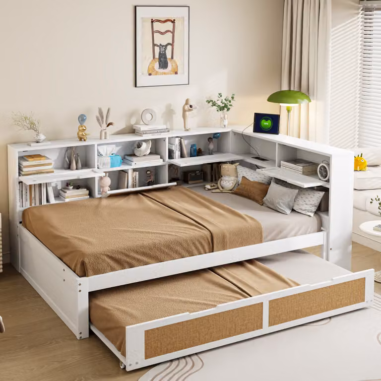 STILVORA Letto per ragazzi Divano letto 140×200 cm Daybed Letto per bambini con letto estraibile, letto matrimoniale con numerosi vani portaoggetti e presa di ricarica, bianco (con materasso)