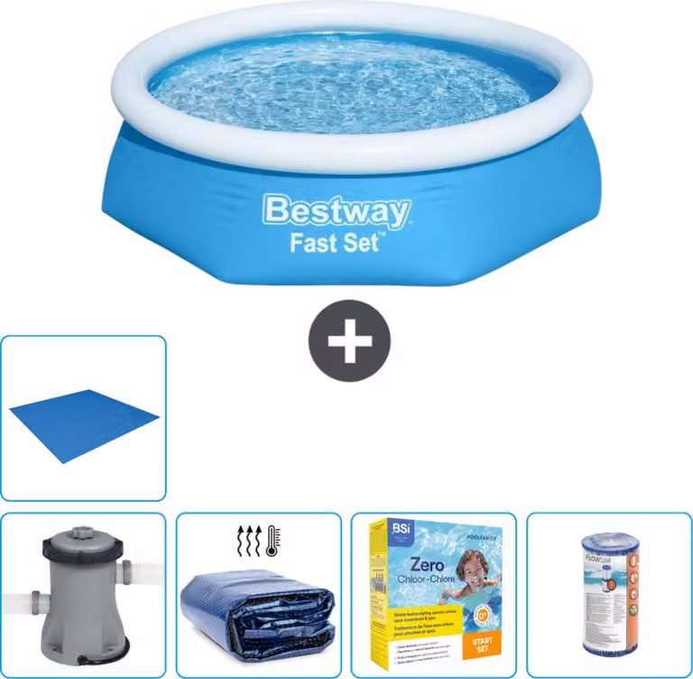 Piscina gonfiabile rotonda Bestway Fast-Set - 244 x 61 cm - blu - pompa inclusa - tenda da sole - pacchetto manutenzione - filtro - telo di fondo