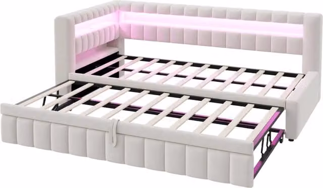 Letto singolo estraibile Chicfurn in velluto beige con illuminazione LED, porte USB e Type-C e ripiani laterali, L/P/H: 90 x 200 x 102 cm – 1