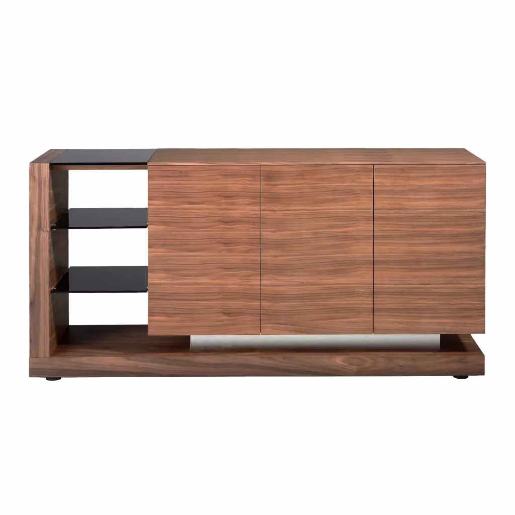 Credenza moderna Angel Cerdà in noce con piano in vetro nero e dettagli in metallo – 2