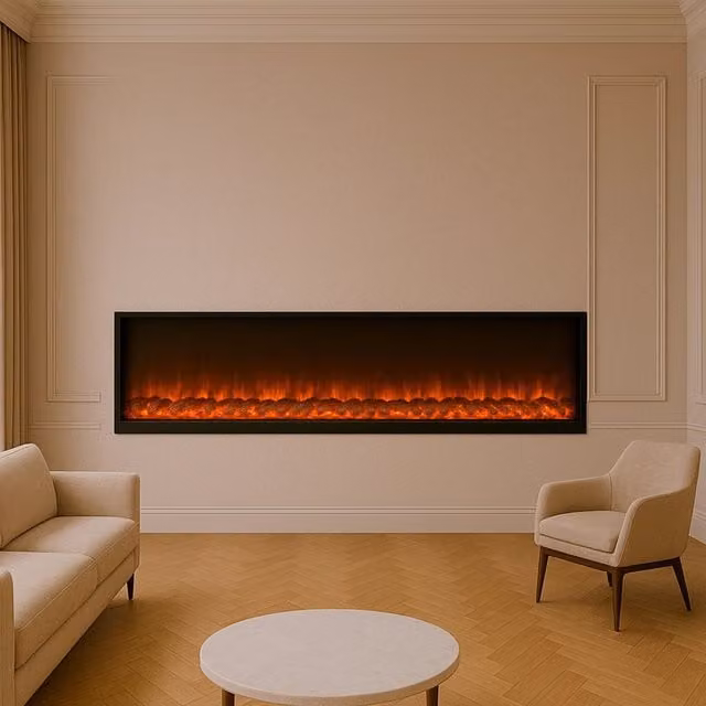 Caminetto Elettrico SINED Modello CAMINETTO-VESUVIO-200 in Acciaio Nero con Effetto Fiamma LED Regolabile a 6 Livelli, Potenza 750-1500W, con Telecomando, per Incasso o Appoggio, L: 200 cm