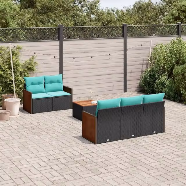 Set di divani da giardino vidaXL in rattan con cuscini blu e struttura in legno di acacia oliato, 6 pezzi – 1