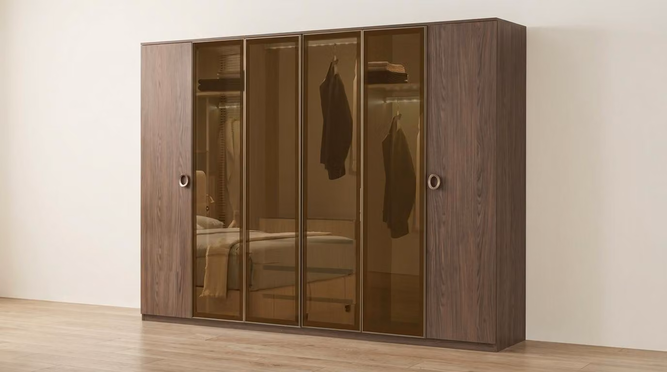 Armadio, design confortevole ed elegante, color marrone, minimalista, spazioso, moderno, con vetro