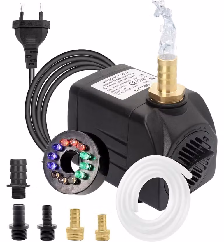 Pompa sommergibile da 25W, con portata di 2000 litri/ora e illuminazione a LED con 12 colori, ideale per piscine e acquari