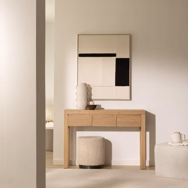 Liland Mobile Ingresso Stretto in Legno di Acacia Marrone e Beige con Cassetti e Ante, Design Minimalista, L: 120 cm, H: 85 cm