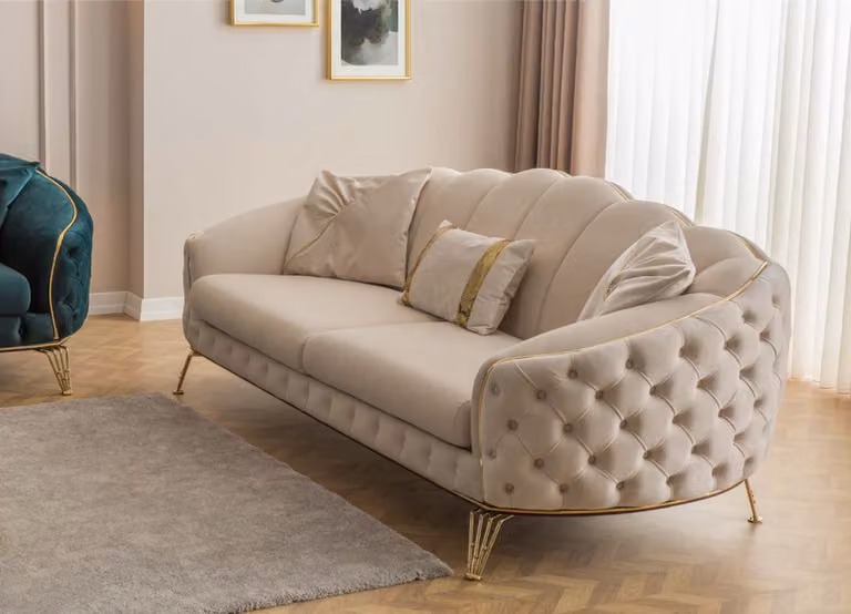 Moderne Chesterfield Beige Wohnzimmer Sofagarnitur x2 3 Sitzer Polstersessel