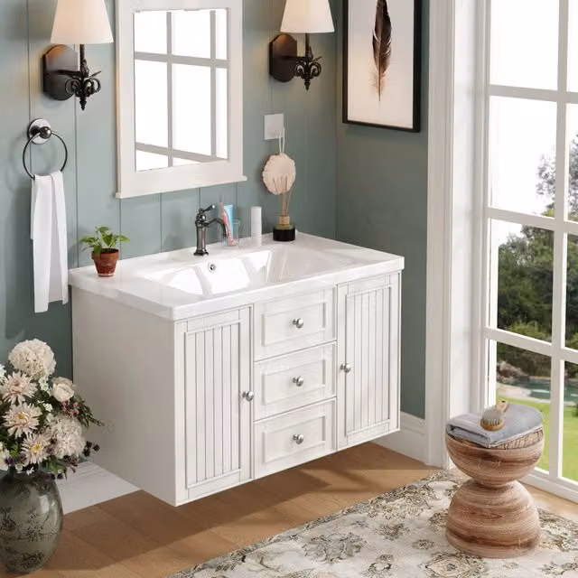 Mobile bagno sospeso WISHDOR con lavabo in ceramica e cassetti, bianco, L: 78,5 cm, P: 46 cm, H: 46,8 cm – 1