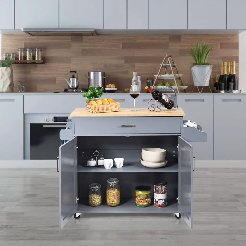 Isola da cucina con mensola regolabile Design Mania, carrello moderno in MDF e legno grigio con ruote in gomma, L/P/H: 116 x 40 x 85 cm – 2