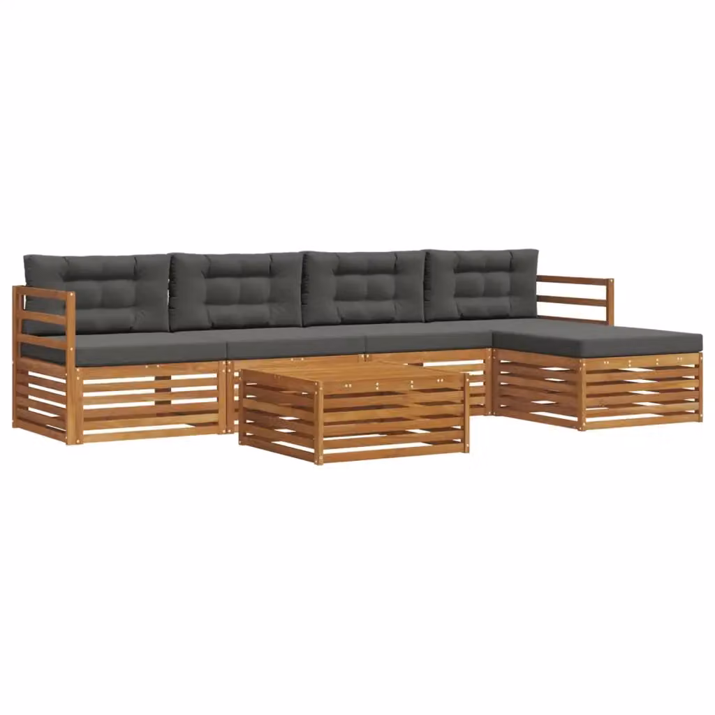 Set di divani da esterno a L con tavolino e pouf vidaXL, struttura in legno di acacia e cuscini beige e antracite – 2