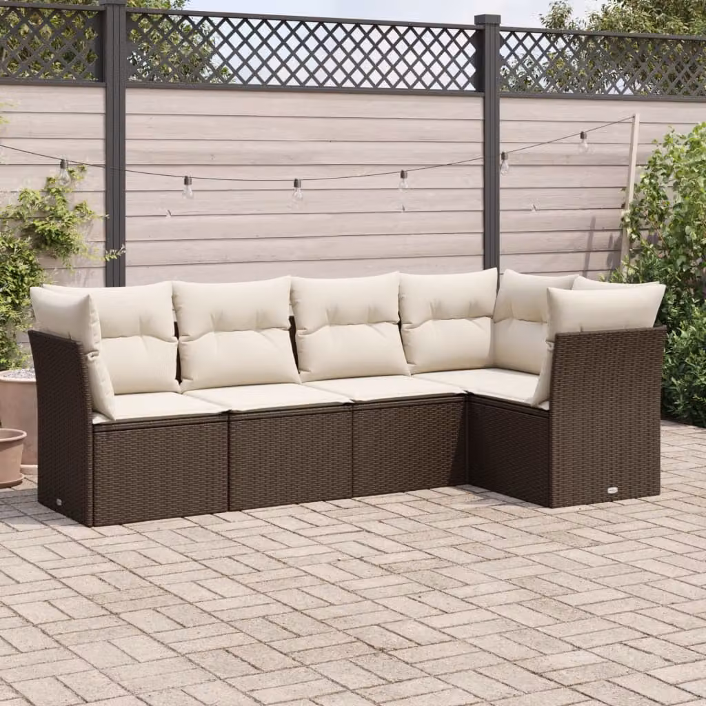 vidaXL Set Divano da Giardino a L 5 pz in Polyrattan Marrone con Cuscini Imbottiti e Rivestimenti Rimovibili – 1