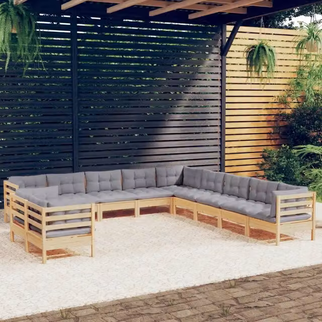 Set di Divani da Giardino a L vidaXL in Legno di Pino con Cuscini Grigi, 11 Pezzi