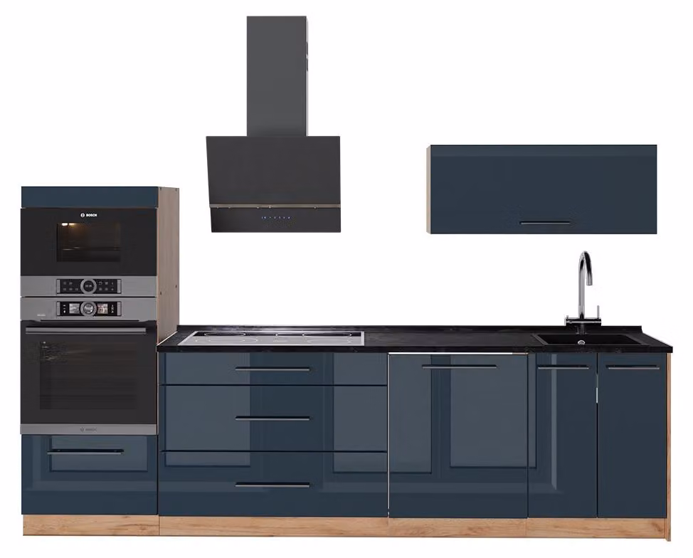 Cucina componibile Vicco Fame-Line Blu scuro lucido/Rovere dorato 280 cm, PL Antracite, Model 65759