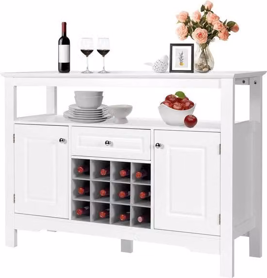 Portavini a doppia pianta con cassettino e ante per conservazione ed esposizione, L: 116 cm, P: 40 cm, H: 82 cm, colore bianco