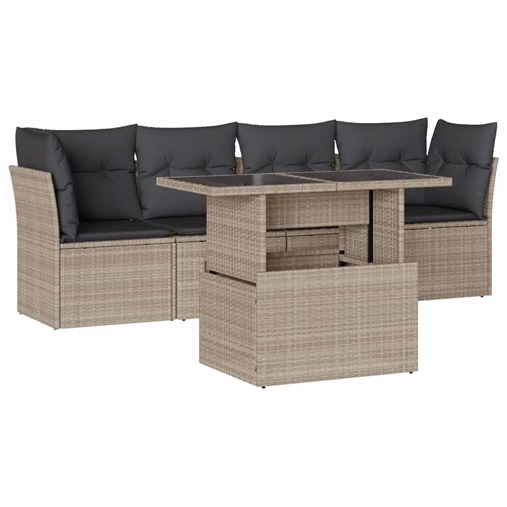 Set Divano da Giardino 5pz con Cuscini Grigio Chiaro Polyrattan