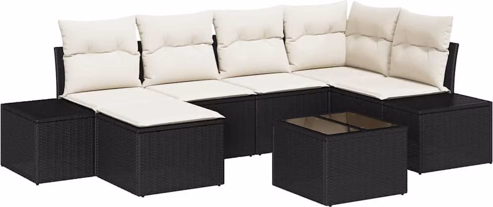 Set Divano da Giardino 7 pcs Nero e crema Poly Rattan