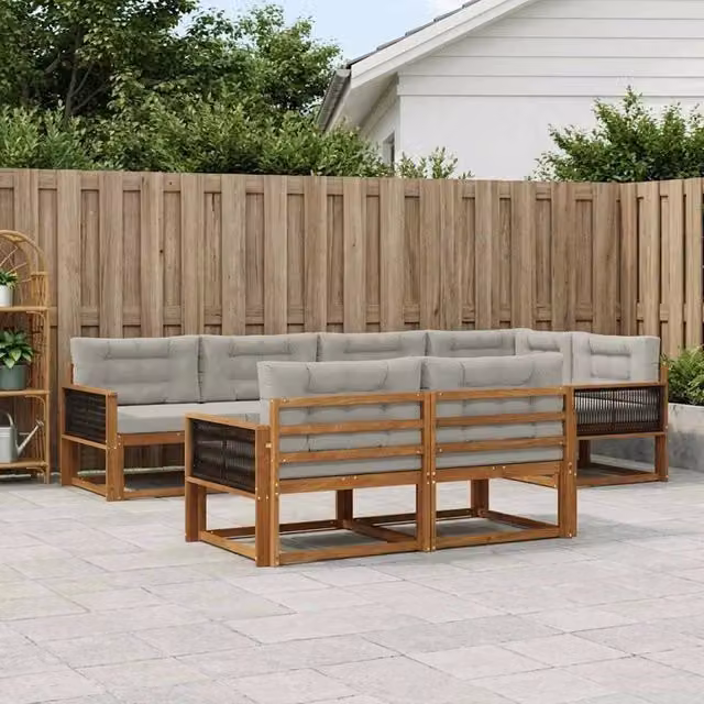 Set di divani da esterno a forma di U vidaXL in legno di acacia con cuscini, colore marrone e grigio chiaro – 1