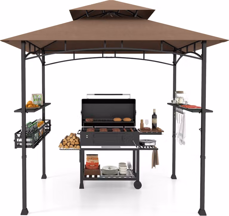 Gazebo barbecue COSTWAY con doppio tetto, ripiani laterali, cestino in metallo, ganci e apribottiglie, tettoie per barbecue resistenti alle intemperie, 242x153x250cm Marrone