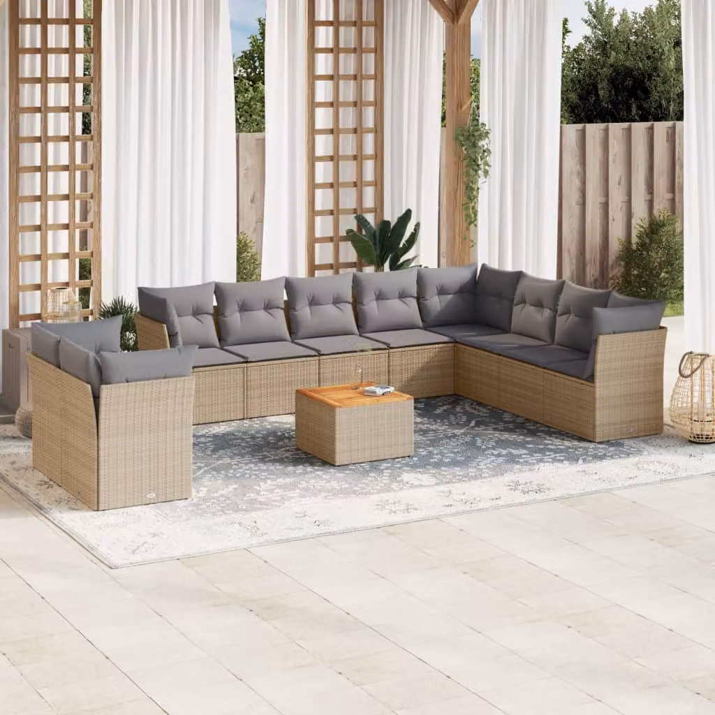 vidaXL Set Divani da Giardino 11 pz in Polyrattan con Cuscini Beige e Tavolino da Esterno – 1
