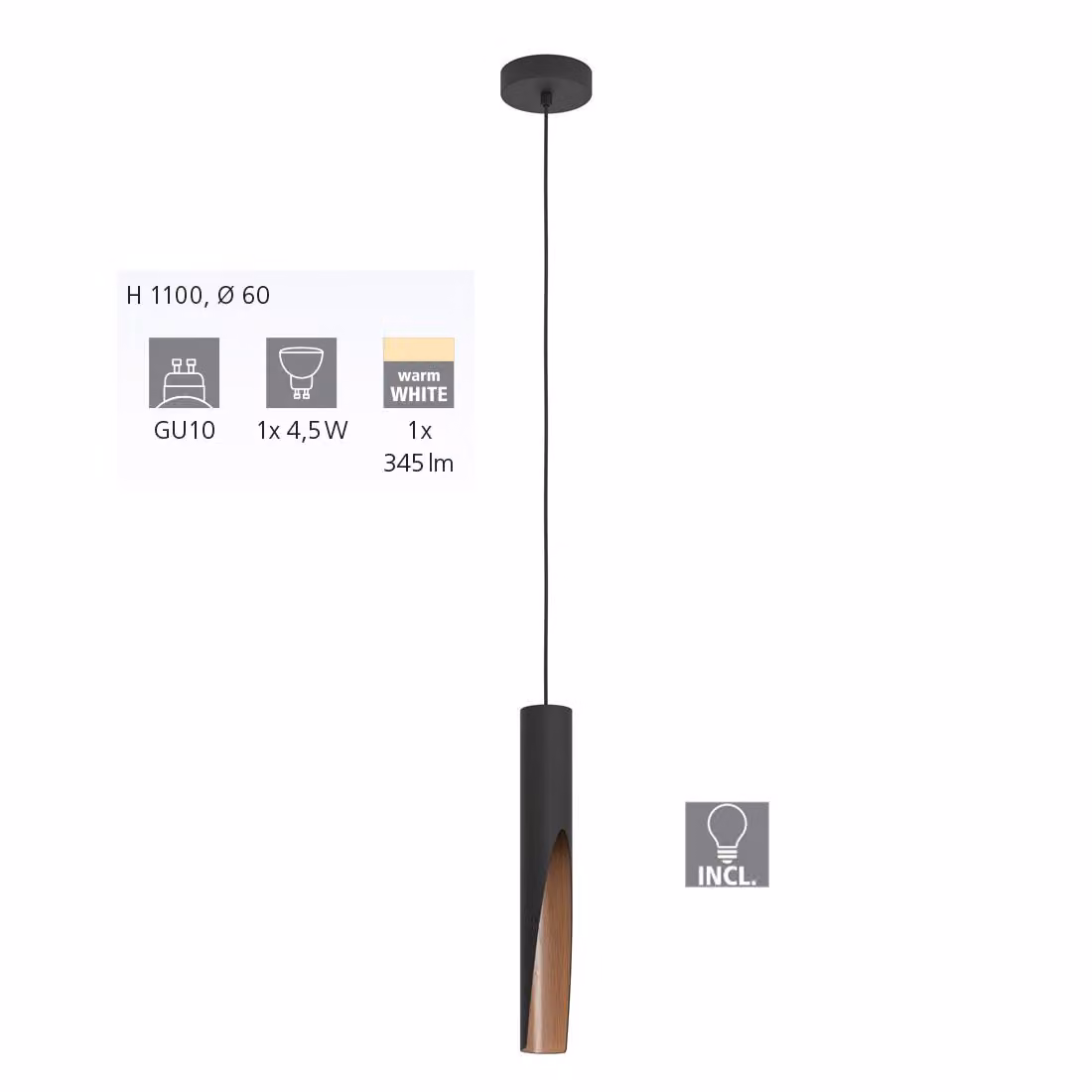 Lampada a sospensione BARBOTTO acciaio, legno nero, marrone GU10 1X4,5W H:110cm Ø6cm