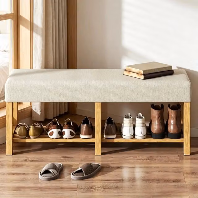 Panca porta scarpe imbottita WISHDOR in stile scandinavo, beige e legno naturale, L 120 x P 44 x H 48 cm