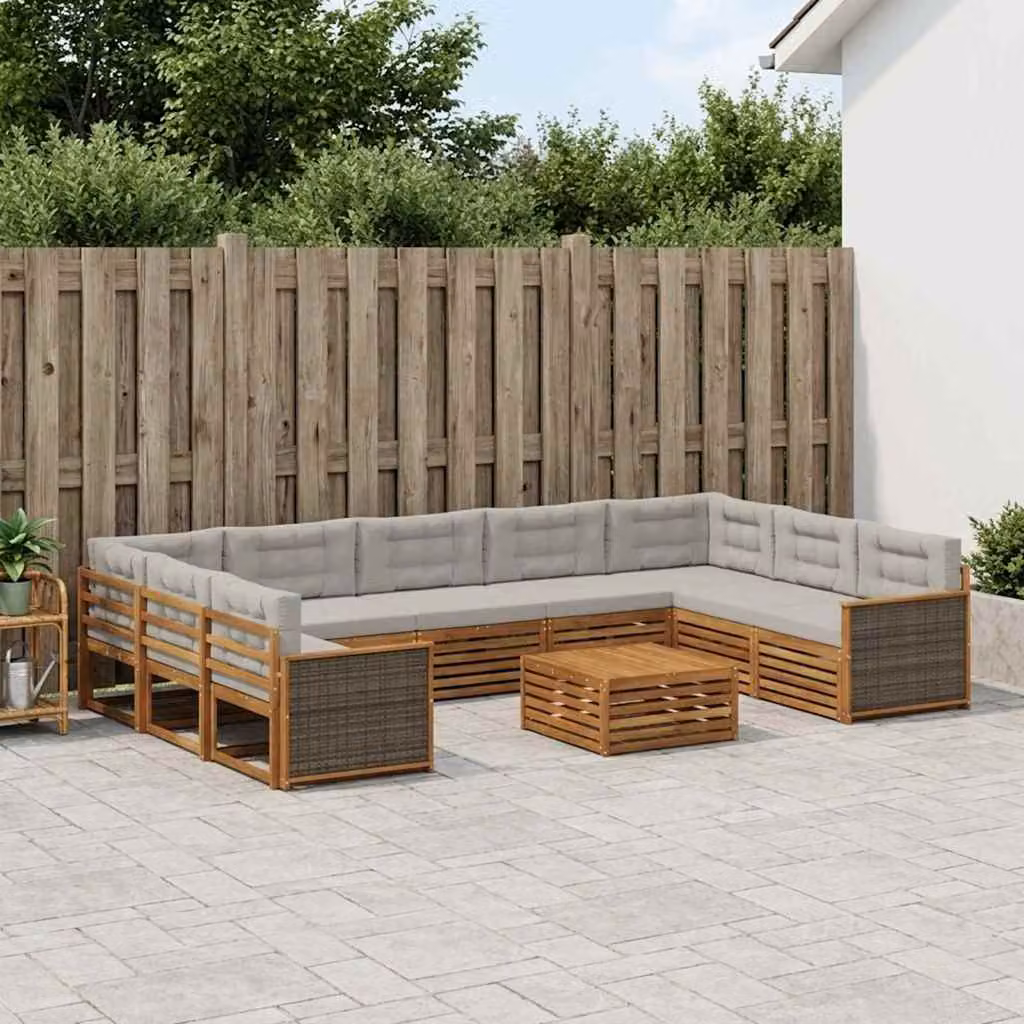 vidaXL Set di divani da esterno a forma di U in legno di acacia con cuscini, colore beige e grigio