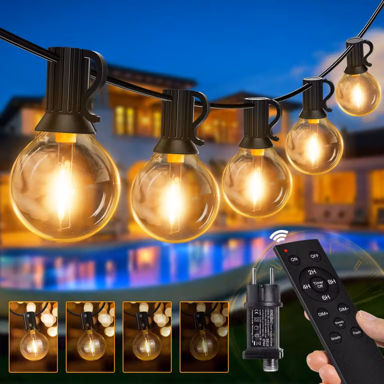 Catena luminosa da 20 metri, con 25+2 lampadine LED G40, dimmerabile, grado di protezione IP45